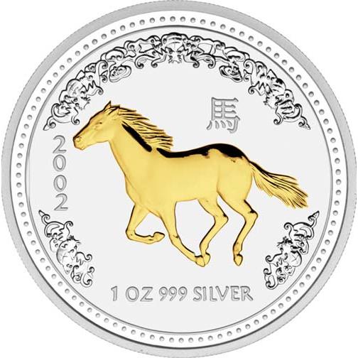 Bullion Münze Lunar Australien Pferd 2002 1Oz Vergoldet Front