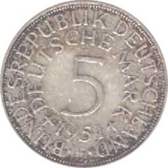 Coin 5 German Marks value side from 1951