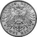 Deutschland Kaiserreich Hessen 2 Mark 1891 Wertseite Münze anzeigen 2 Mark 1891 Wertseite Deutschland Kaiserreich