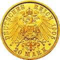 Deutschland Kaiserreich Sachsen-Coburg-Gotha 20 Mark 1905 Wertseite Münze anzeigen 20 Mark 1905 Wertseite Deutschland Kaiserreich