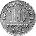 German Empire Central 10 Pfennig 1922 Value side show coin 10 Pfennig 1922 Value side German Empire